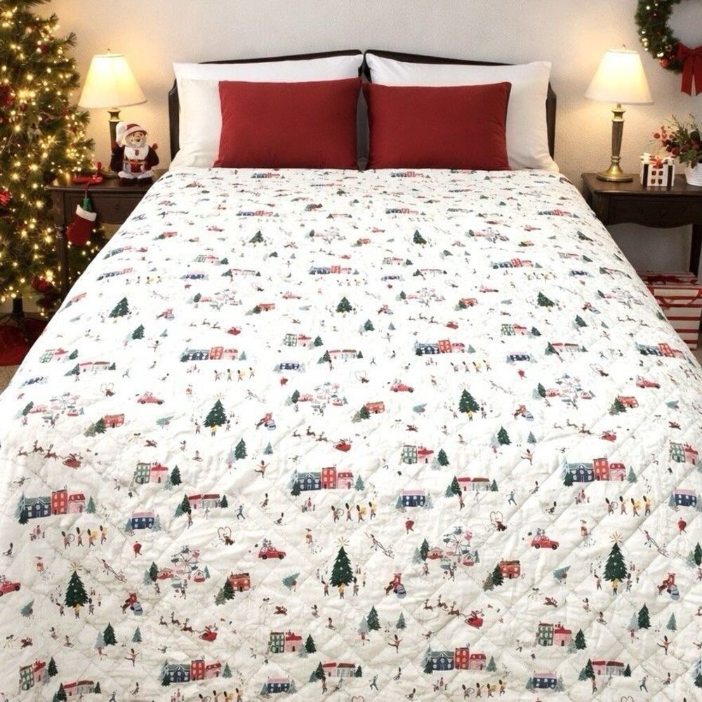 Cath Kidston London Christmas Queen Quilt Snow Day Duck Egg Holiday Bedding Fest